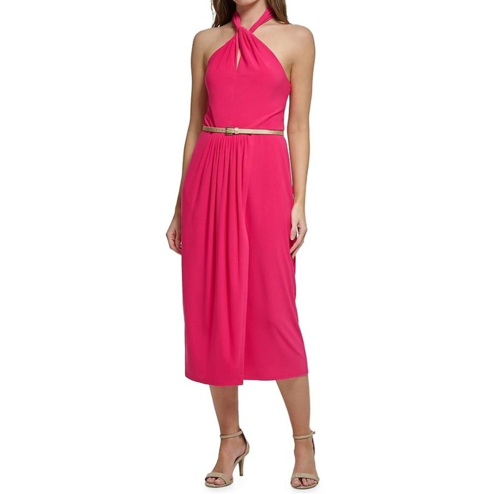 NWT HILFIGER -Sz 10- Pink Halter Dress W/Gold Belt